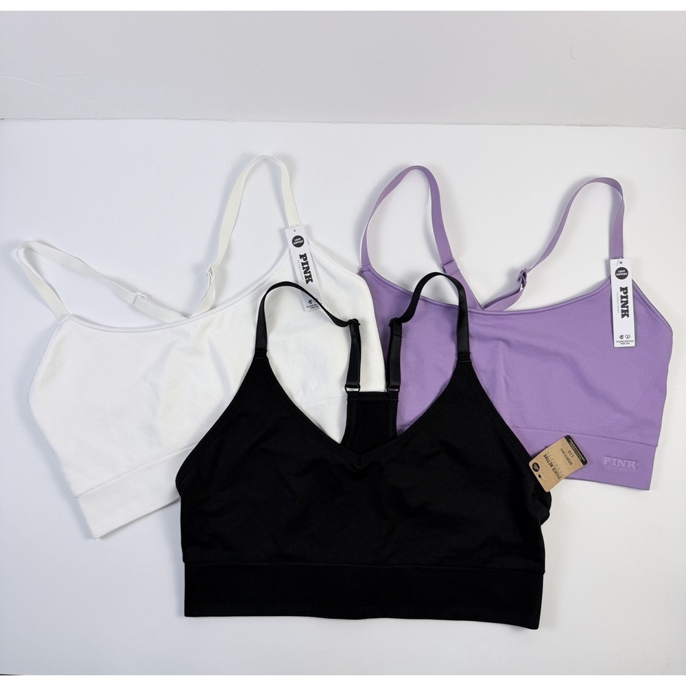Lot of 3 Victoria's Secret PINK Soft Seamless Sports Bra Purple-White-Black L